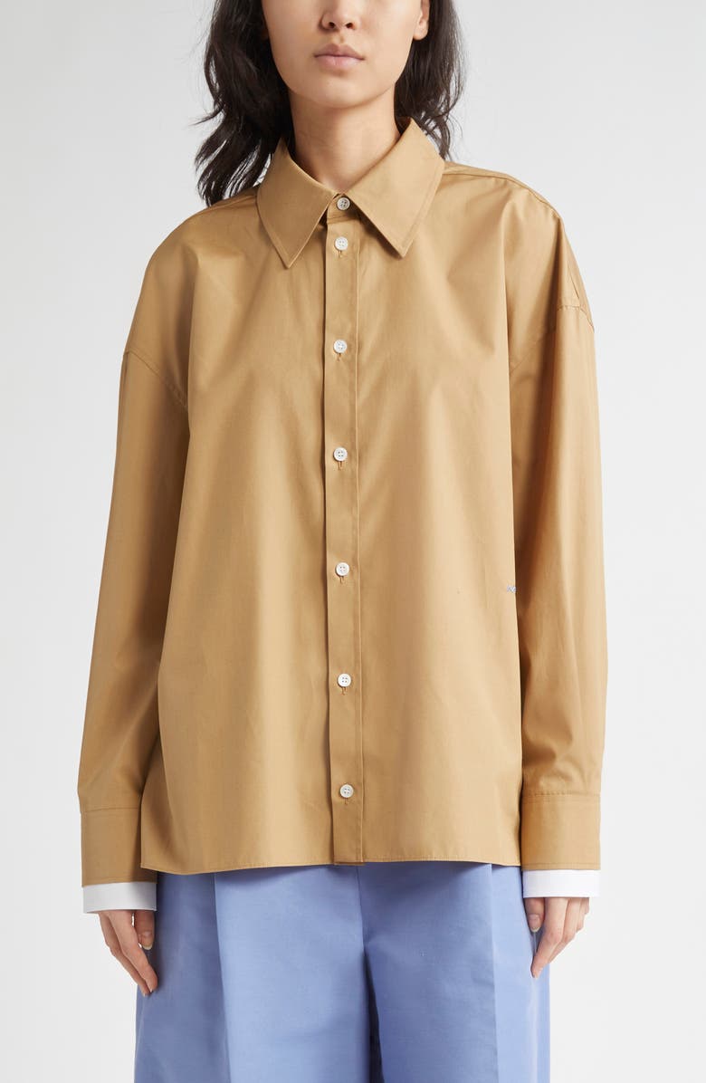 Marni Logo Embroidered High-Low Button-Up Shirt, Main, color,