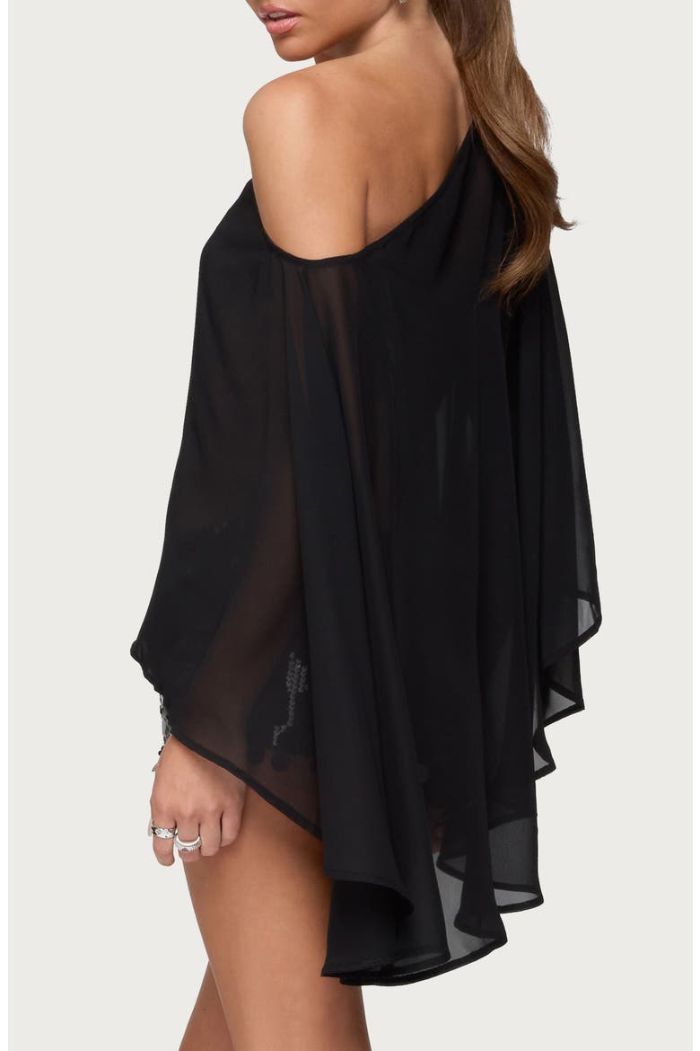 Sheer Chiffon One-Shoulder Poncho, Alternate, color, BLACK
