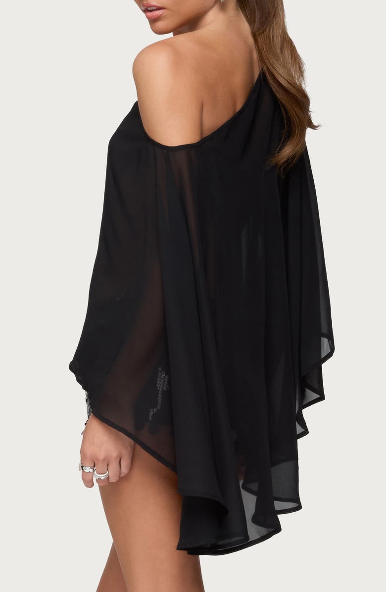 EDIKTED Sheer Chiffon One-Shoulder Poncho, Alternate, color, Black