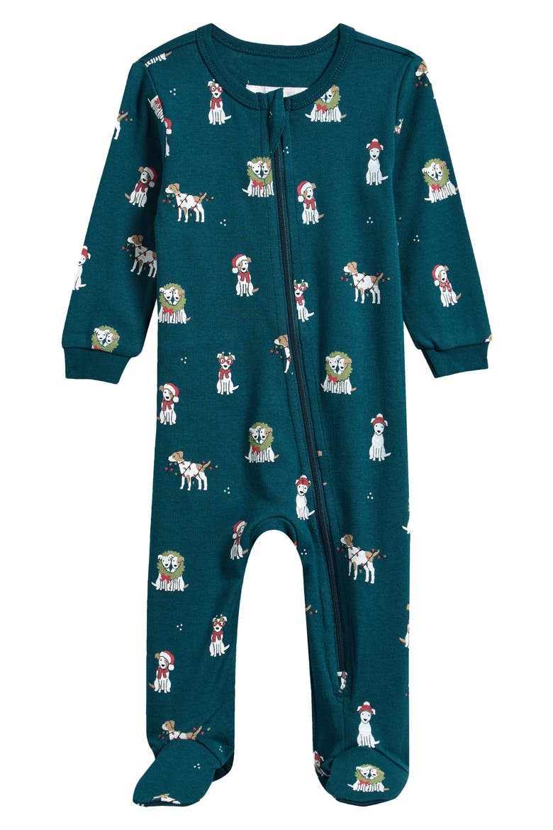 Holiday Pups Organic Cotton Footie, Main, color, TURQUOISE