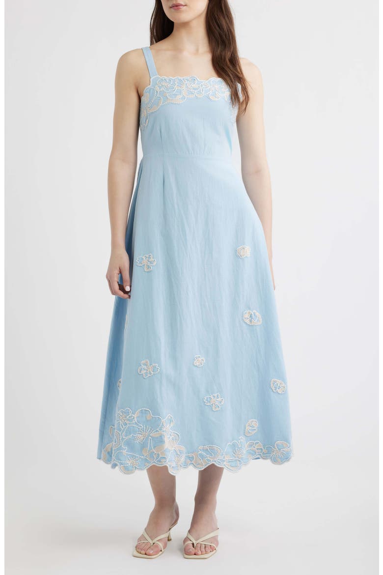Placed Floral Embroidery Cotton & Linen Chambray Sundress, Main, color, GLACIER LAKE