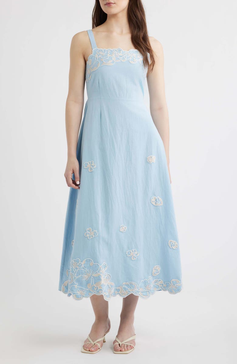 Cleobella Placed Floral Embroidery Cotton & Linen Chambray Sundress, Main, color, Glacier Lake
