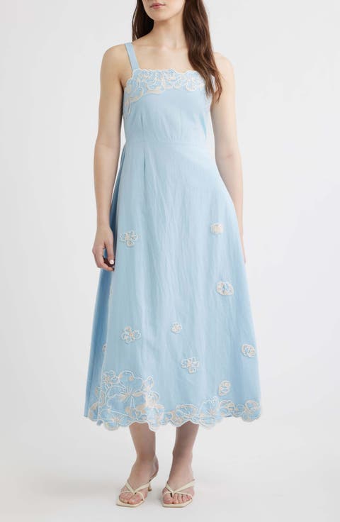 Placed Floral Embroidery Cotton & Linen Chambray Sundress