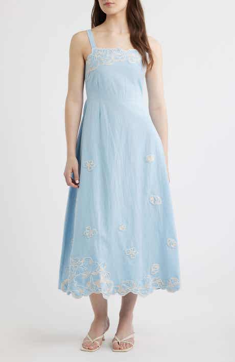 Placed Floral Embroidery Cotton & Linen Chambray Sundress
