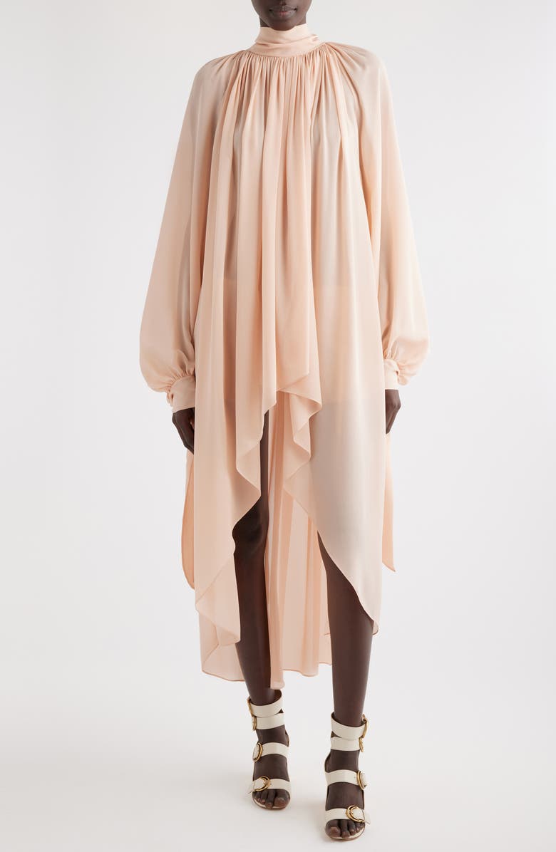 Chloé Long Sleeve High-Low Silk Crepe Dress, Alternate, color,