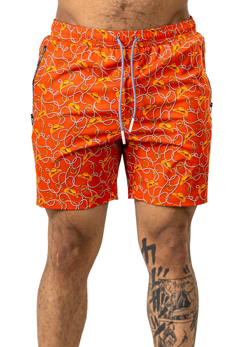 Swim Marthyr Print Swim Trunks, Main, color, ORANGE