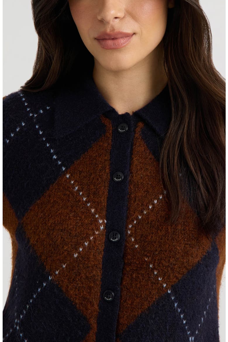 Short Sleeve Argyle Cardigan, Alternate, color, DARK NAVY/ COPPER ARGYLE