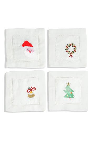 Tiramisu Embroidered Set Of 4 Holiday Cocktail Napkins In White