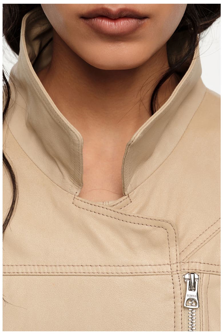 Double-breasted leather jacket with adjustable detailing, Alternate, color, LIGHT STONE