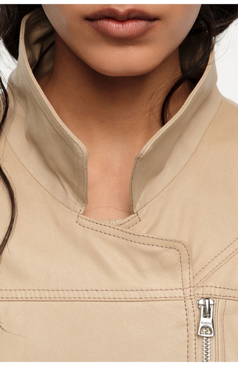 Bimba y Lola Double-breasted leather jacket with adjustable detailing, Alternate, color, Light Stone