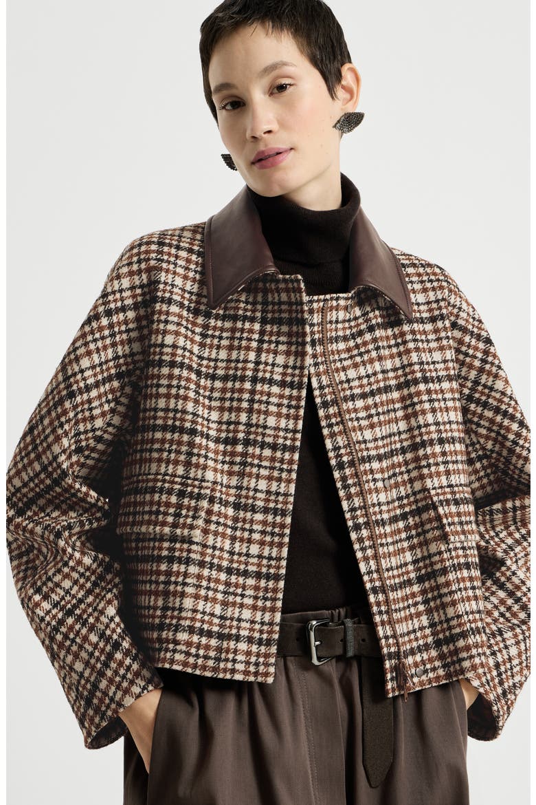 Comfort checked wool and alpaca outerwear jacket with leather collar and monili, Alternate, color, Brown