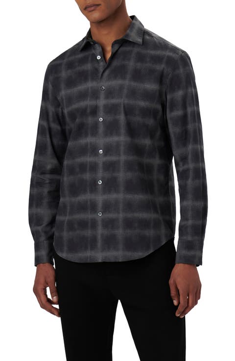 Axel Shaped Fit Windowpane Plaid Stretch Cotton Button-Up Shirt