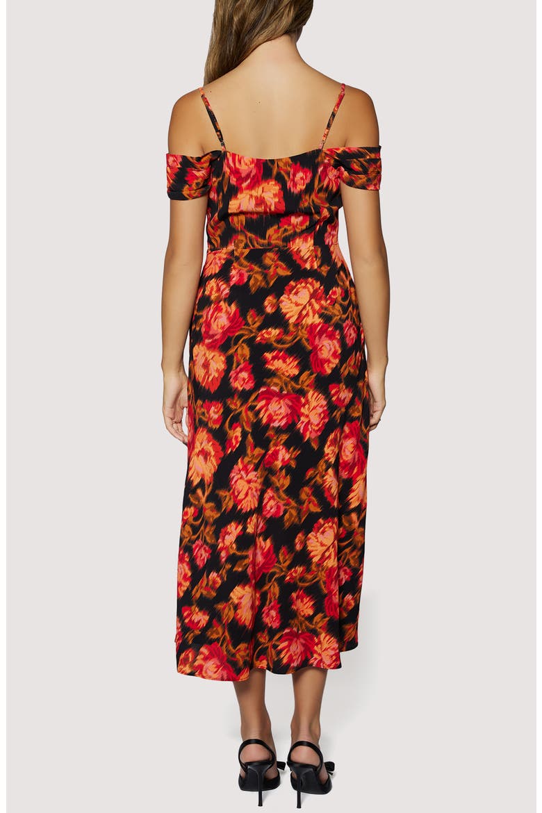 Evenign Bloom Cold Shoulder Midi Dress, Alternate, color, BLACK RED FLORAL