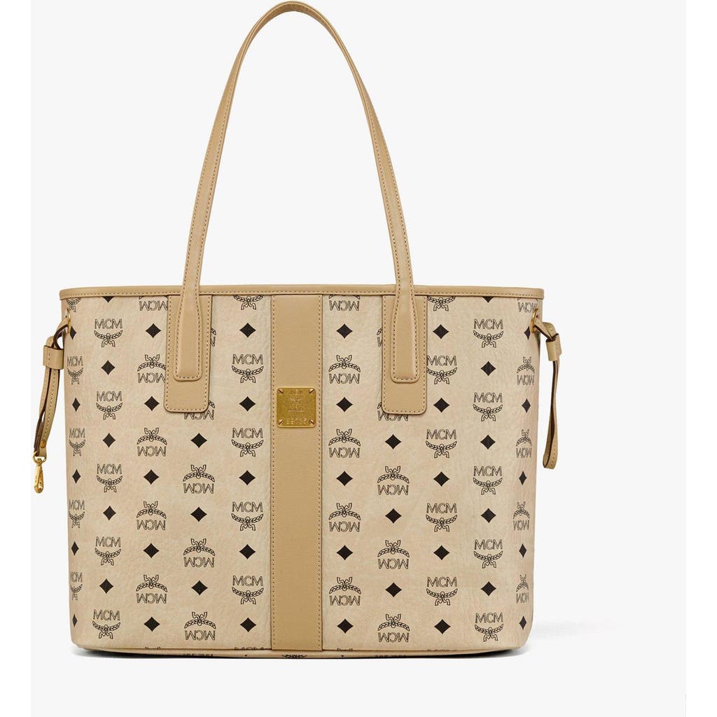 Mcm Medium Liz Reversible Shopper In Beige+black Logo
