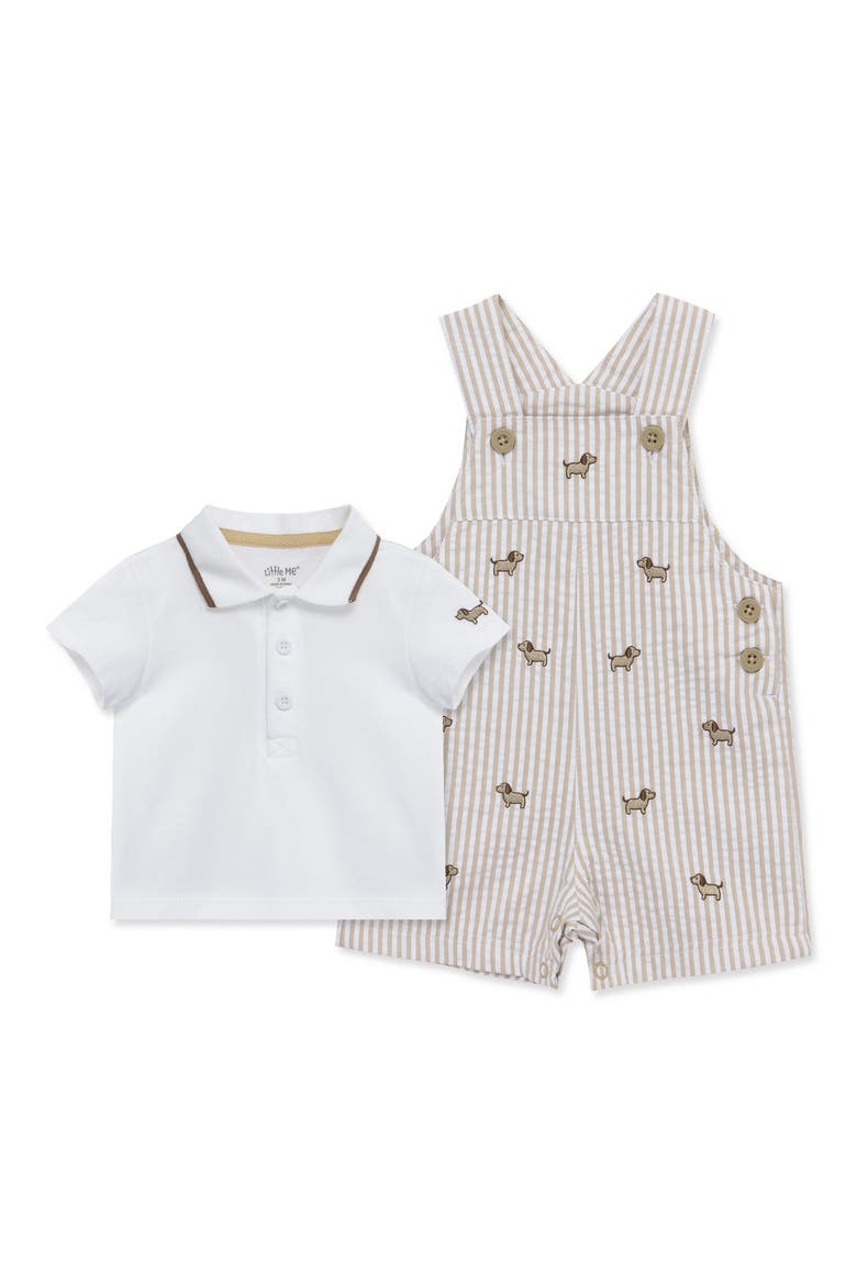 Puppies Cotton Polo & Seersucker Overalls Set, Main, color, TAN