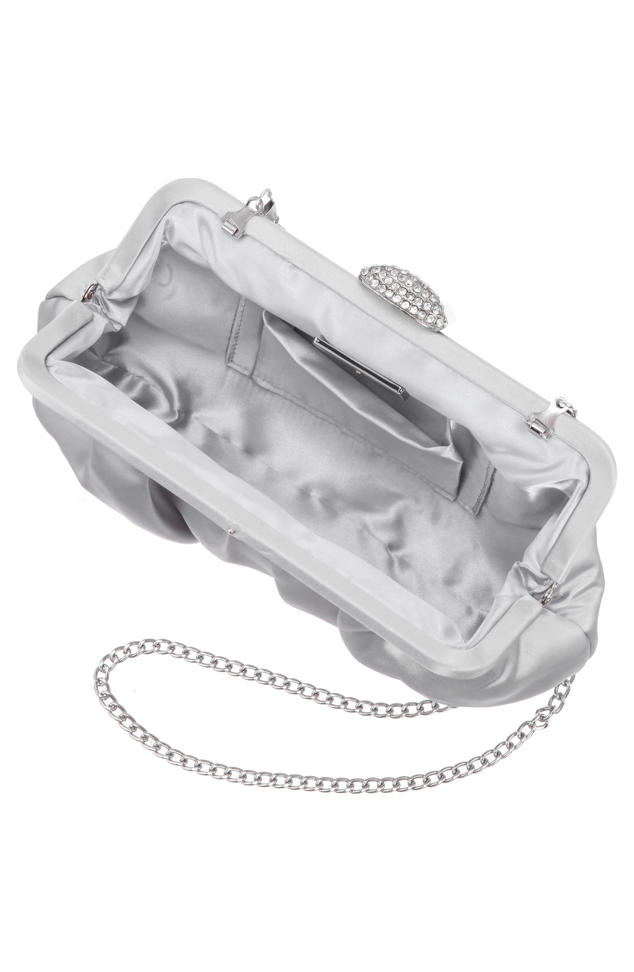 Concord Pleated Satin Frame Clutch, Alternate, color, NEW SILVER