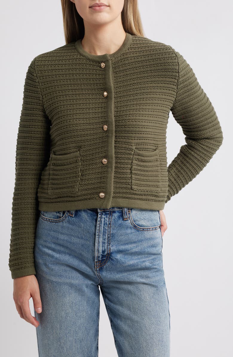 Caslon<sup>®</sup> Textured Pima Cotton Cardigan, Main, color, Olive Sarma