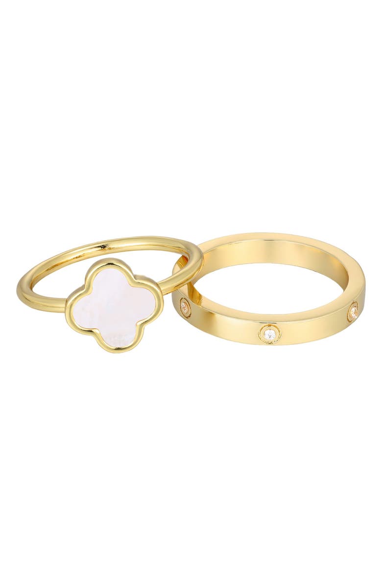 Adornia Set of 2 Mother-of-Pearl Clover & Cubic Zirconia Band Rings, Alternate, color, Gold/ White
