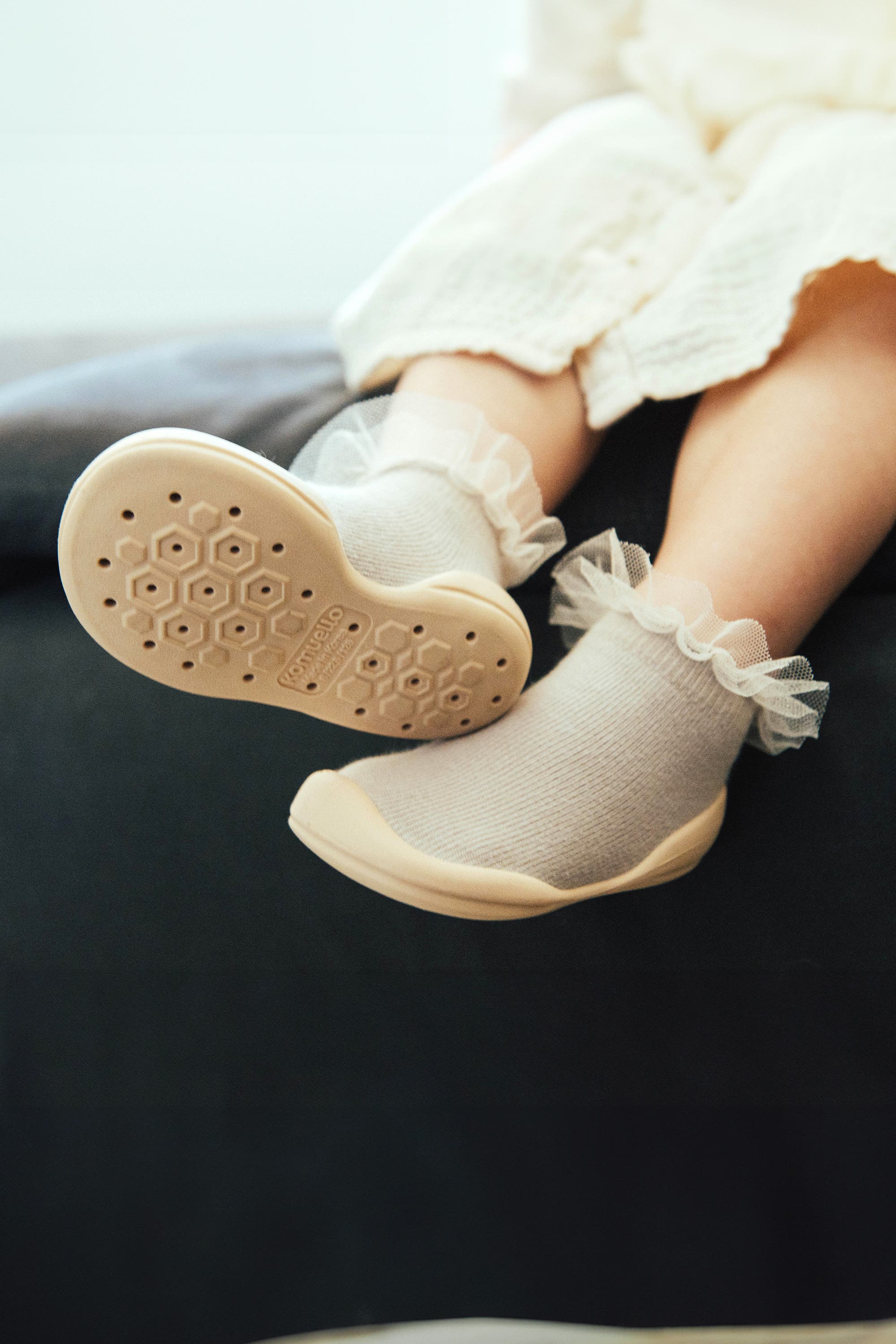 Komuello Toddler Girl Sock Shoes Tulle Trim - Beige, Alternate, color, Beige