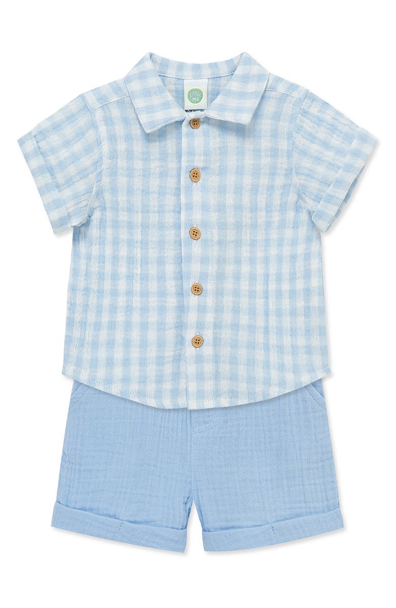 Little Me Check Button-Up Shirt & Shorts Set, Alternate, color, Blue