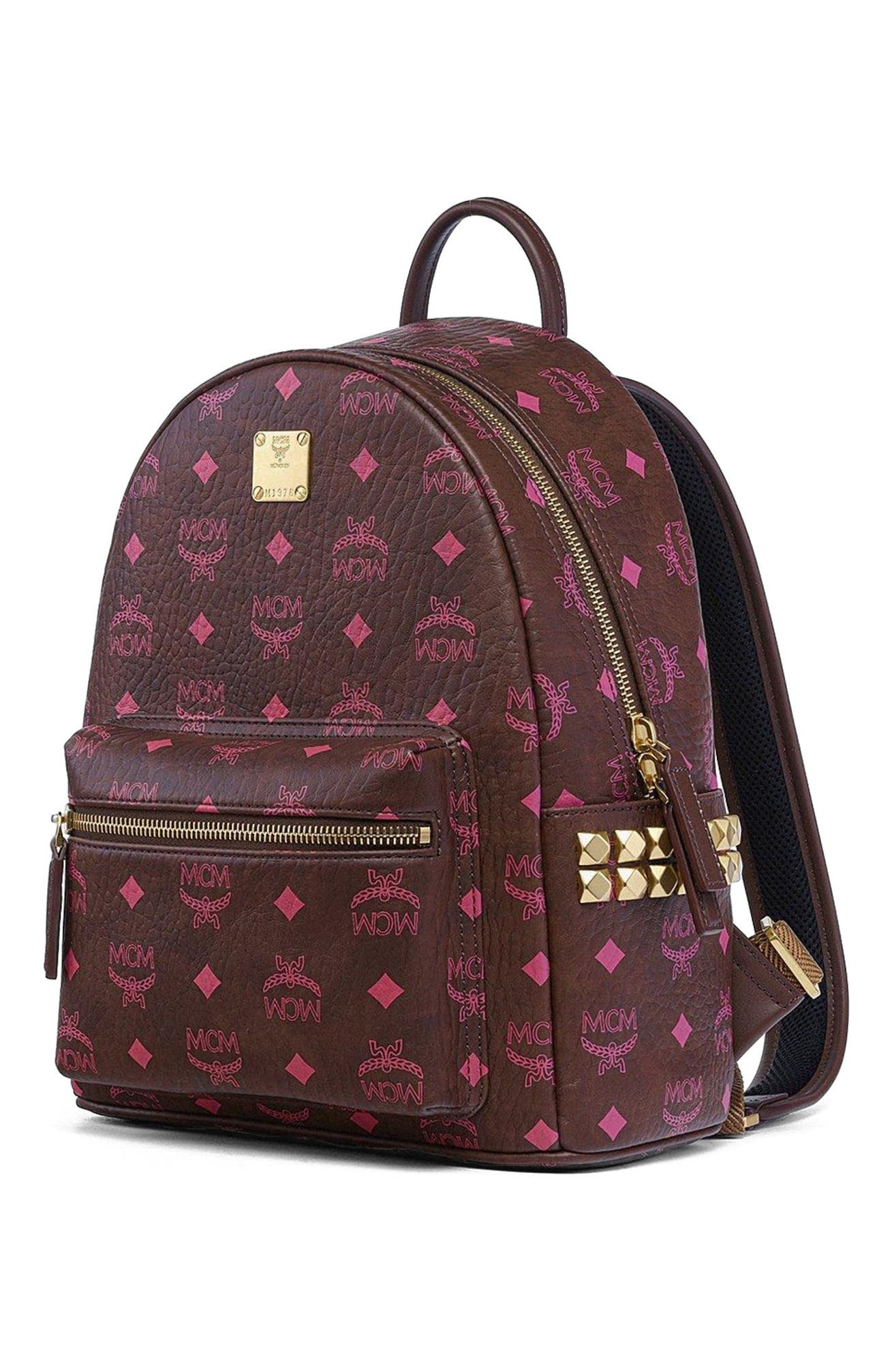 MCM Small Stark Side Studs Backpack in Visetos, Alternate, color, Cinnamon