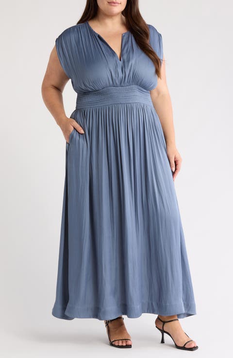 Smocked Satin Maxi Dress (Plus)