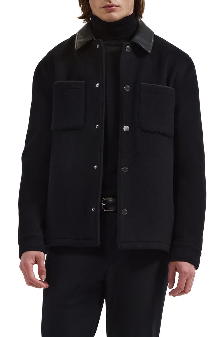 Leather Trim Shirt Jacket, Main, color, BLACK