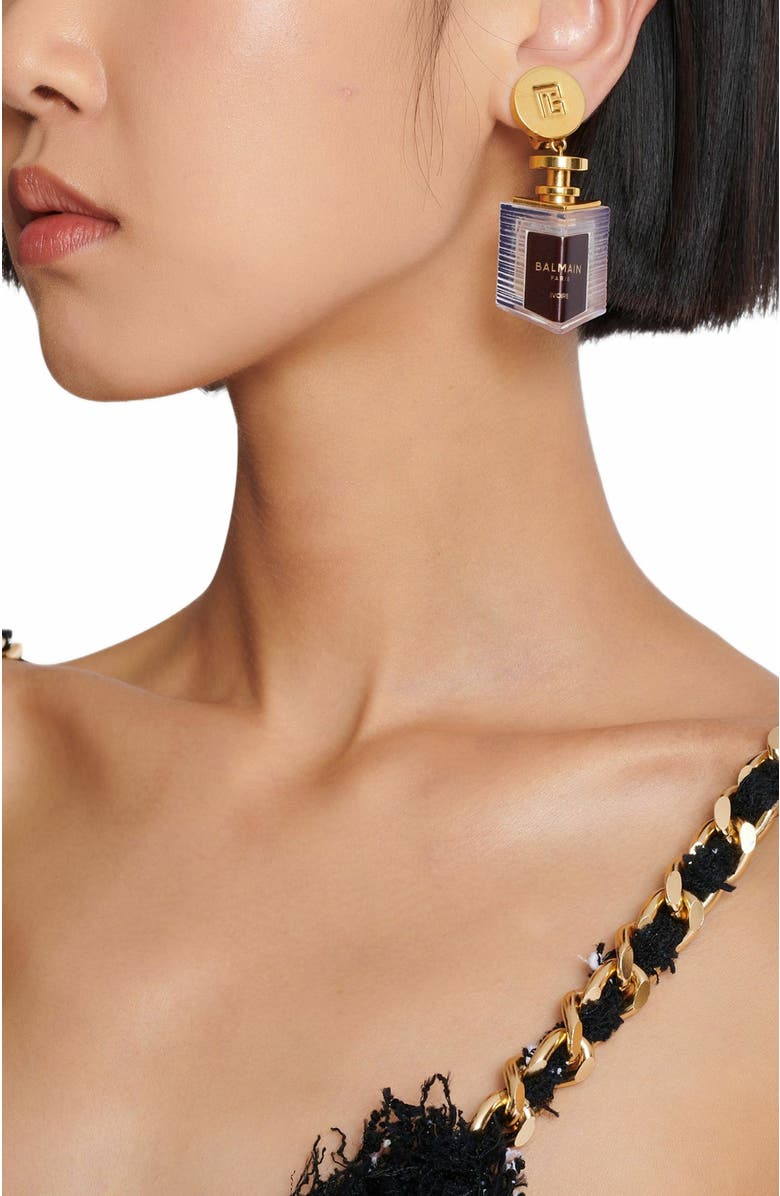 Balmain Brass Perfume Earrings, Alternate, color, Gold