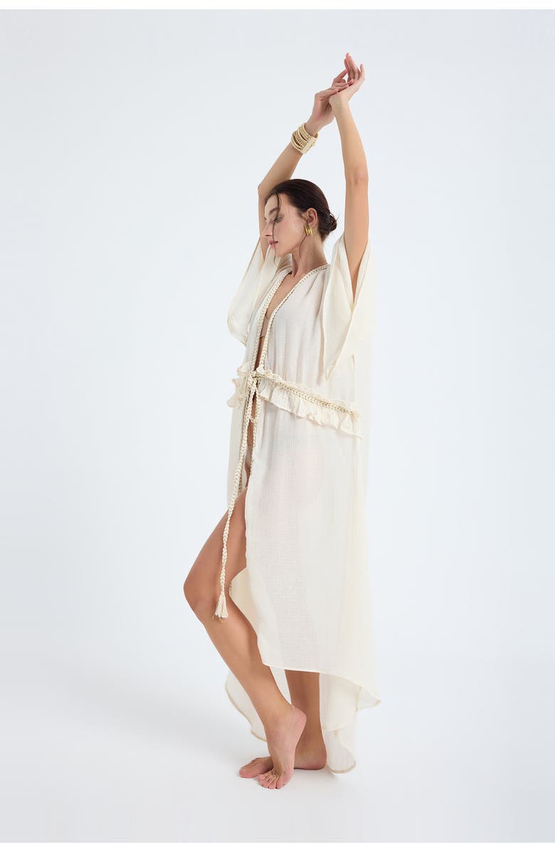 Monlicia Leora 100% Cotton with Gold Braided Details Maxi Kimono, Alternate, color, Ivory