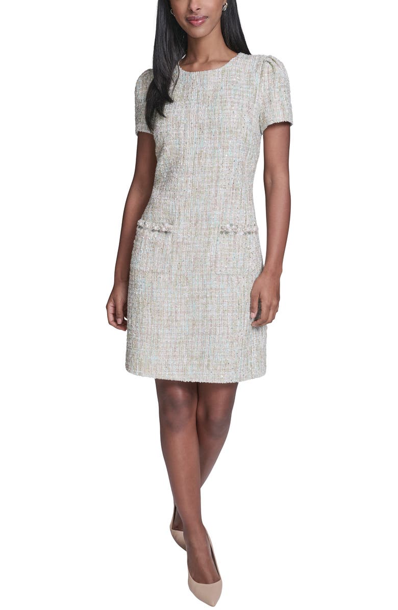 KARL LAGERFELD Sequin Tweed Sheath Dress, Main, color, Tea Green Multi