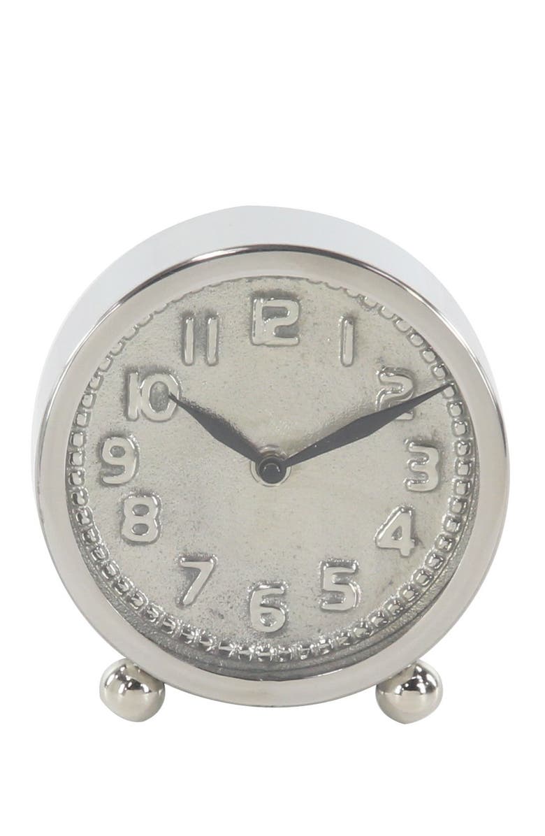 WILLOW ROW Glam Round Silver Metal Framed Table Clock, Main, color, 