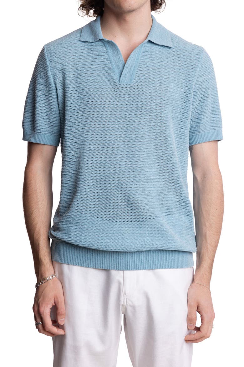 Open Knit Johnny Collar Polo, Main, color, LIGHT BLUE CHENILLE