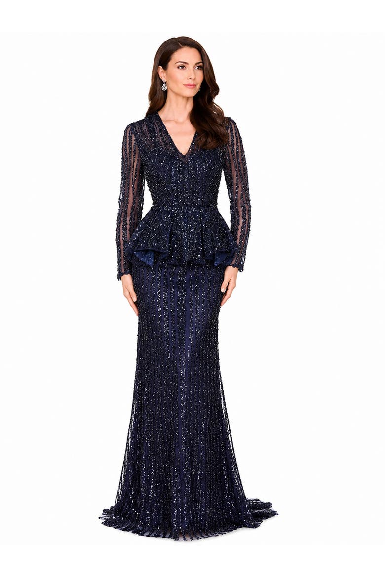 Long Sleeve Beaded Peplum Dress, Alternate, color, Navy