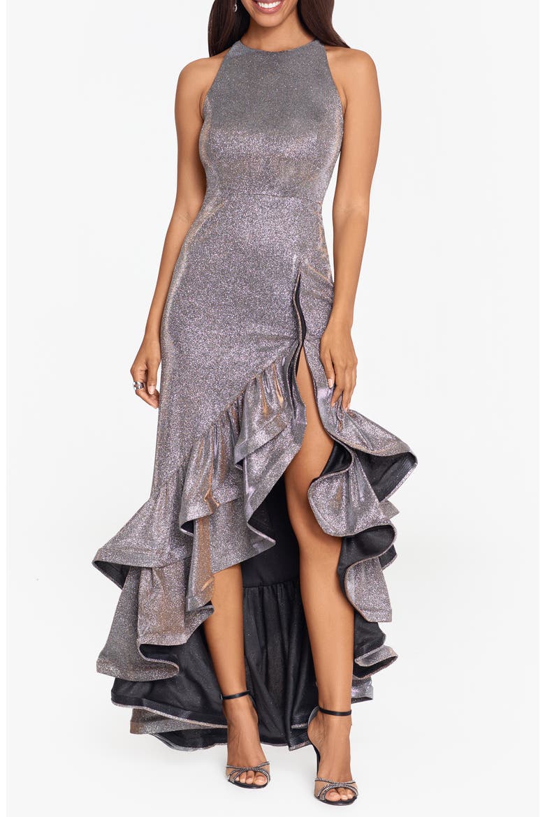 Galaxy Glitter Ruffle High-Low Cocktail Dress, Main, color, BLACK/ COPPER