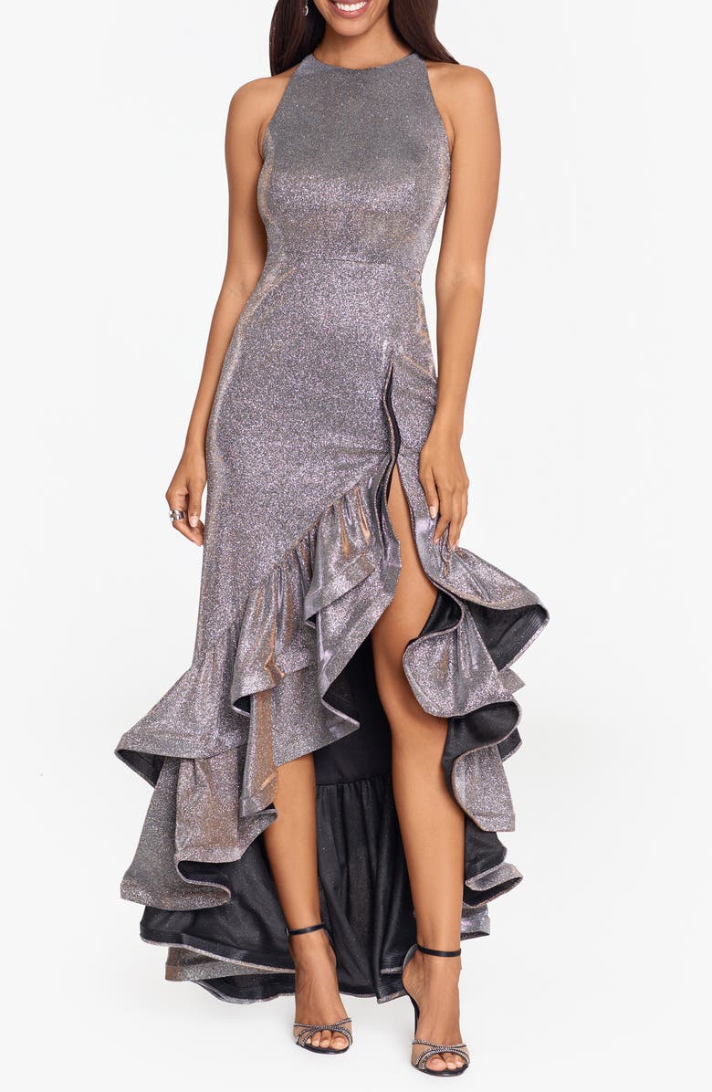 Betsy & Adam Galaxy Glitter Ruffle High-Low Cocktail Dress, Main, color, 