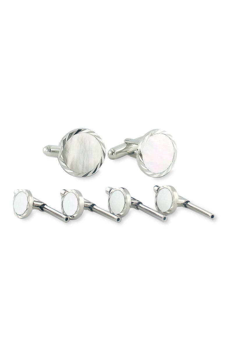 Mother-of-Pearl Cuff Link & Stud Set, Main, color, SILVER