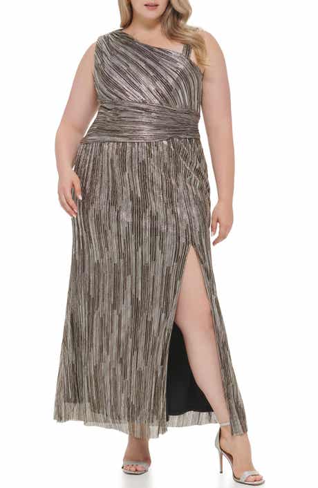 Eliza J One-Shoulder Pleated Gown