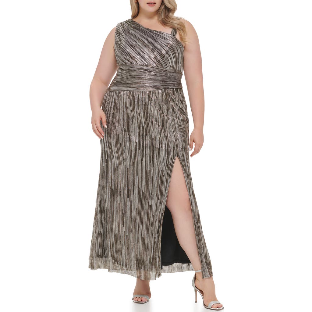 Eliza J One-shoulder Pleated Gown In Gold