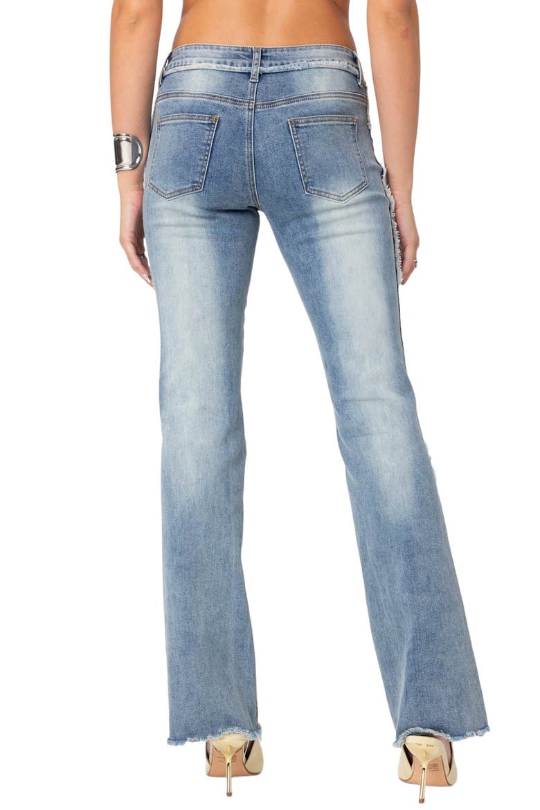 Distressed Frayed Low Rise Flare Jeans, Alternate, color, BLUE-WASHED