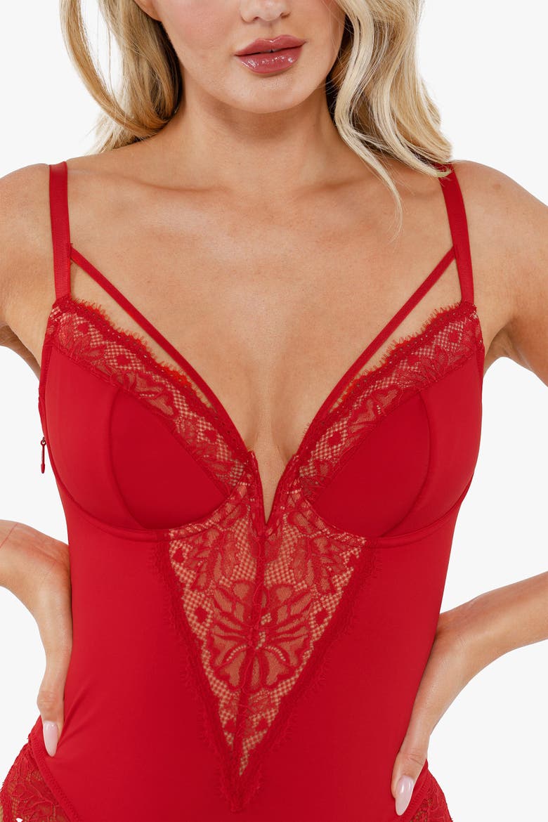Shapewear Strappy Tummy Control Lace Inset Bodysuit, Alternate, color, Chili Red