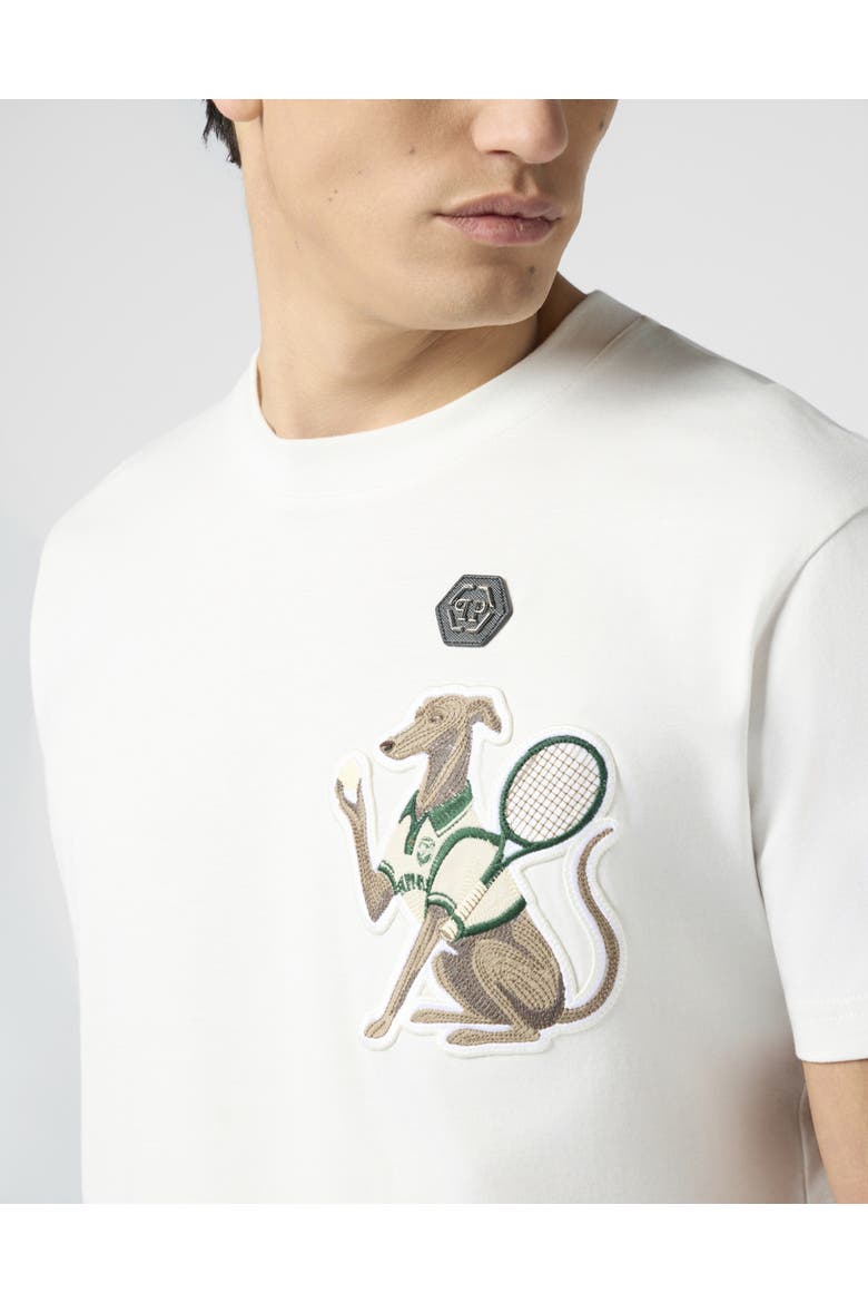 Round Neck T-Shirt Tennis Pet Patch Men, Alternate, color, OffWhite