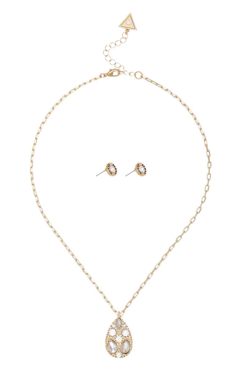 GUESS Teardrop Pendant Necklace & Stud Earrings Set, Alternate, color, Gold