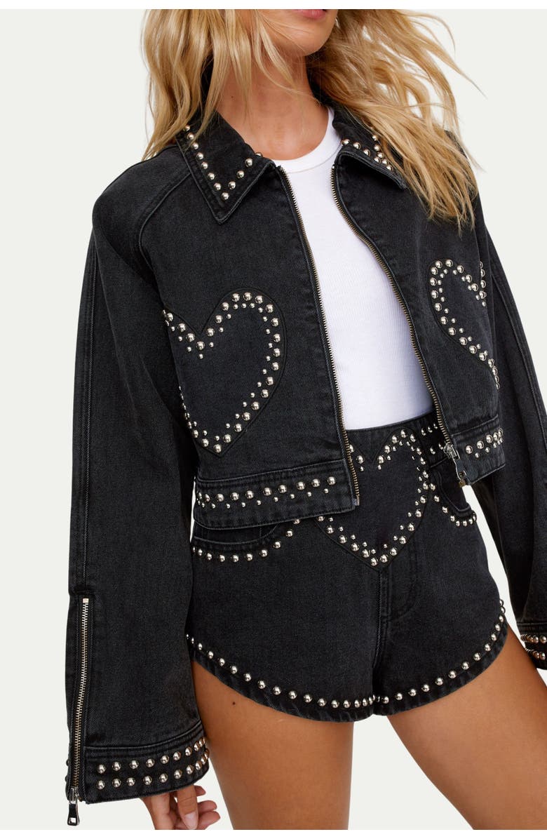 NASTY GAL Heart Studded Cropped Denim Jacket, Alternate, color, Washed Black