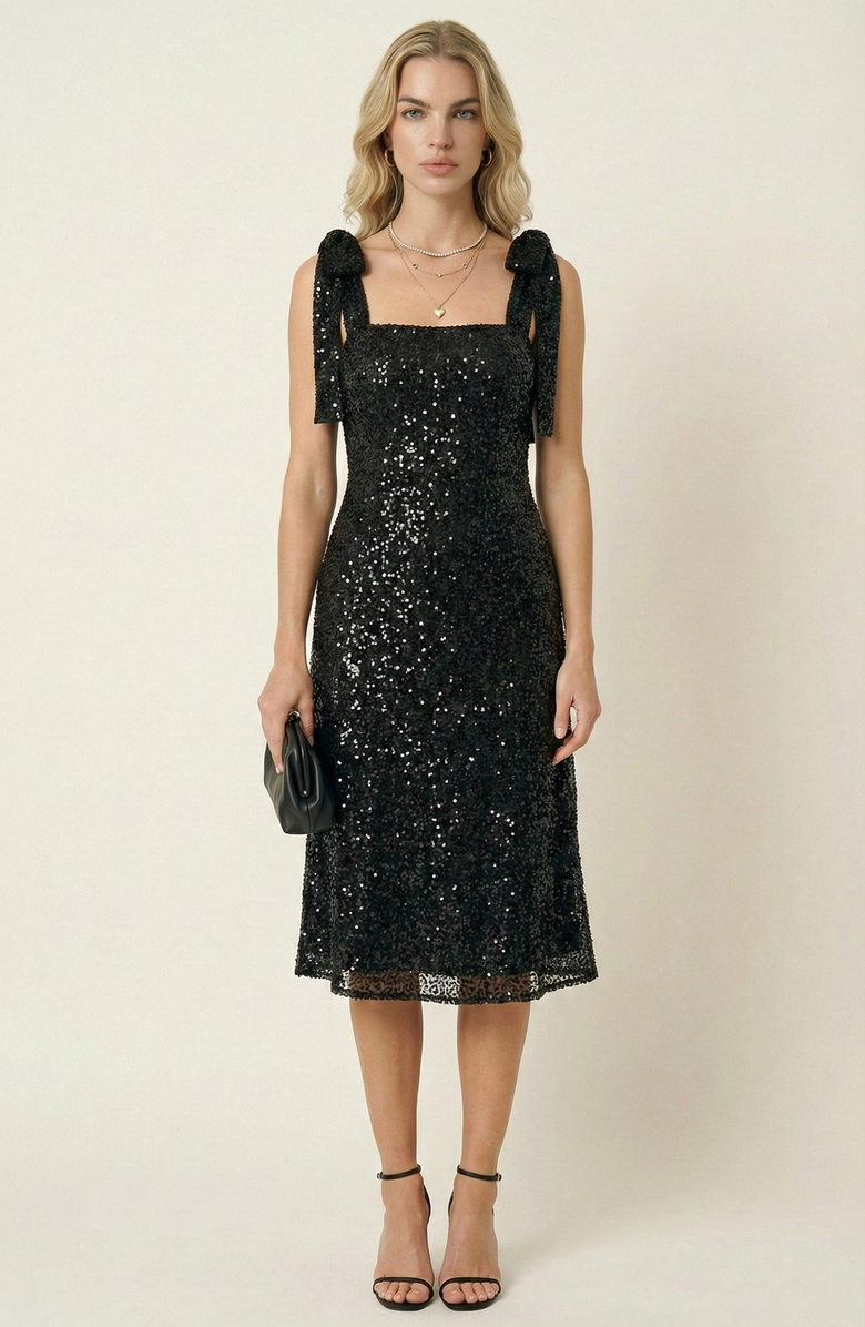 Modenaire Sequin Midi Dress with Tie Straps and Square Neckline, Main, color, Black Sequin