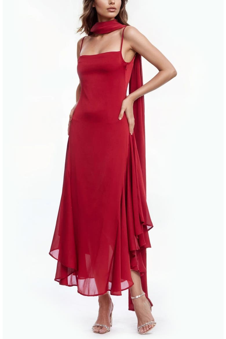 Asymmetri Chiffon Slipdress with Scarf, Main, color, RED