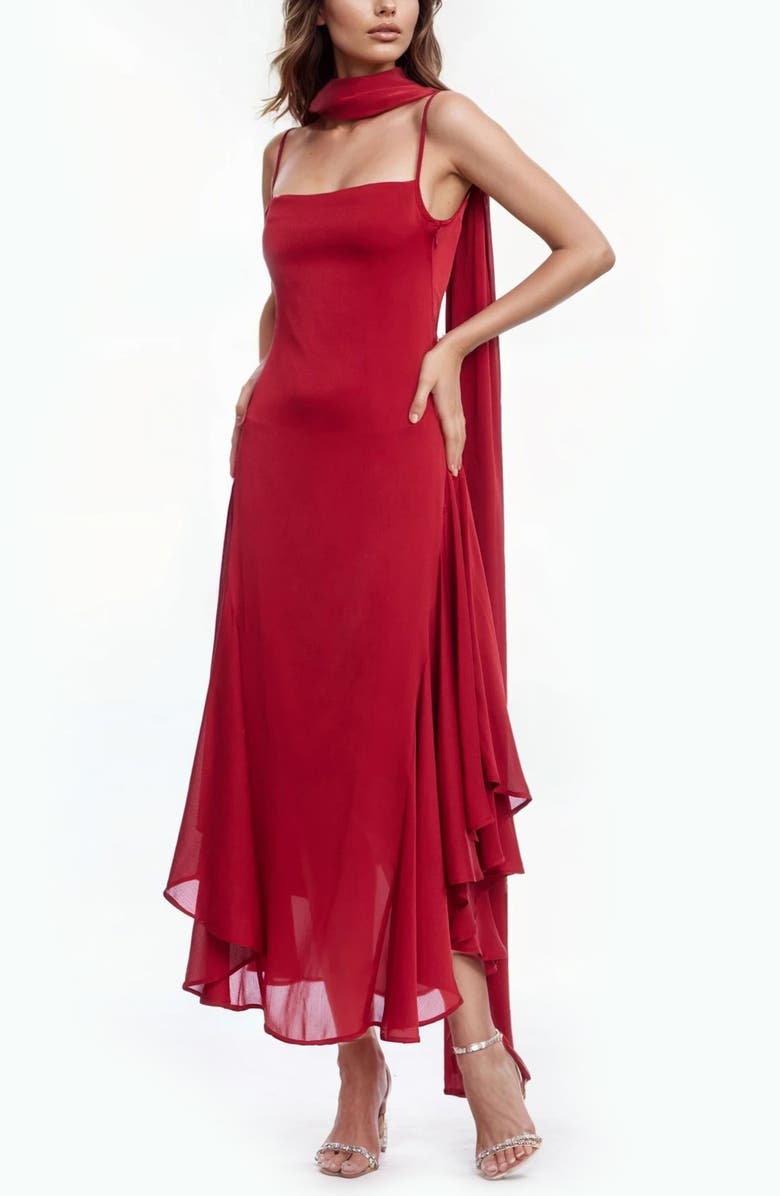 Jewel Badgley Mischka Asymmetri Chiffon Slipdress with Scarf, Main, color, Red