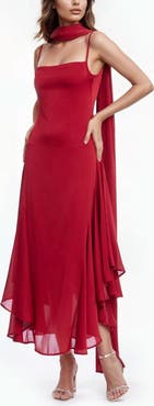 Jewel Badgley Mischka Asymmetri Chiffon Slipdress with Scarf