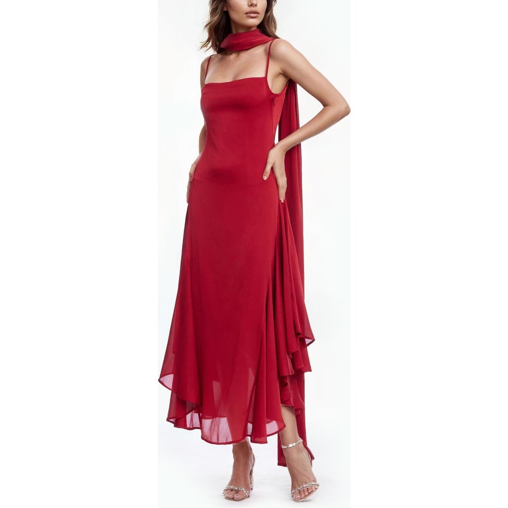 Jewel Badgley Mischka Asymmetri Chiffon Slipdress With Scarf In Red