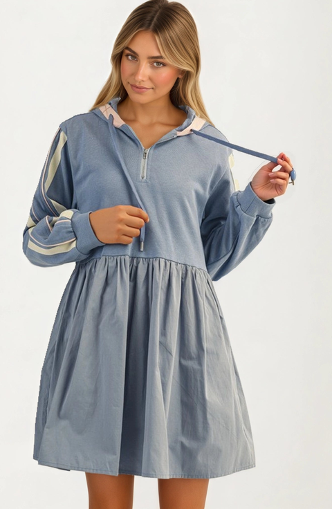 Sporty Hoodie Half Zip Contrast Stripe Mini Dress