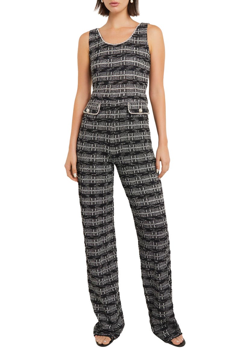 Rhinestone Tweed Straight Leg Jumpsuit, Main, color, BLACK/ NEW IVORY